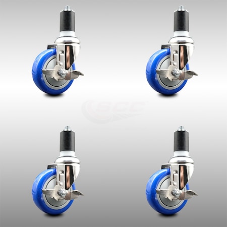 Service Caster 4 Inch 316SS Blue Poly Swivel 1-5/8 Inch Expanding Stem Caster Set Brake SCC SCC-SS316EX20S414-PPUBBLUE-TLB-158-4